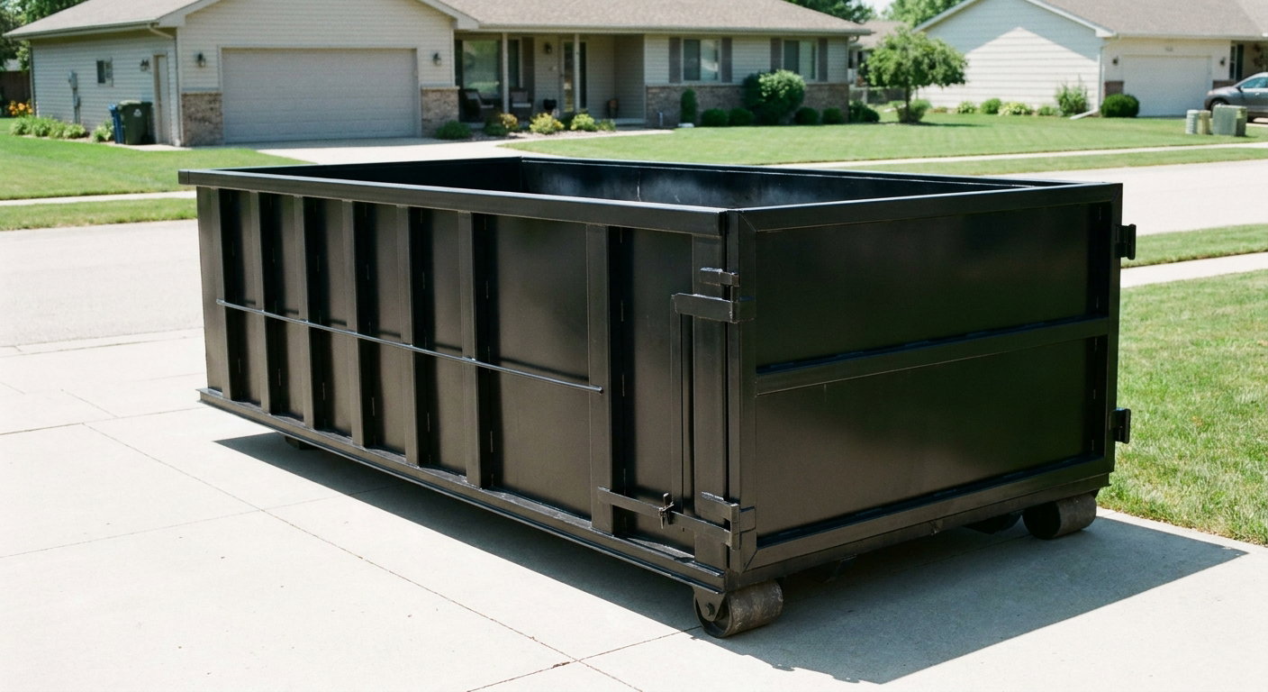 Matte-black 10-yard roll-off dumpster on a residential concrete driveway in Fort Pierce, uniformly painted matte black across every panel and rail, ribbed steel sidewalls and rear swing door visible, mid-day daylight.