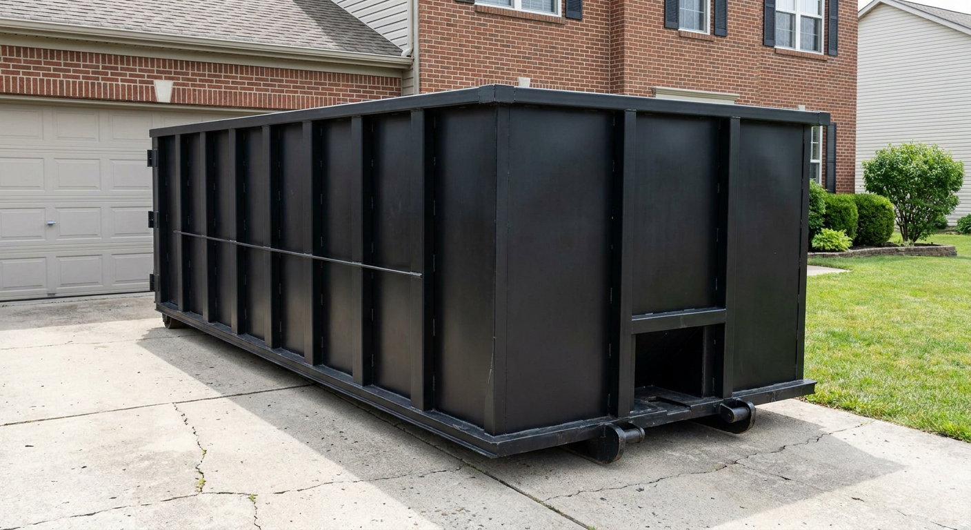 Matte-black 20-yard roll-off container on a Fort Pierce residential concrete driveway with reinforced ribbed steel sidewalls and a hinged rear walk-in door, clean bright daylight.