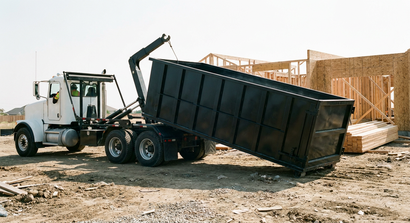 Matte-black roll-off dumpster being delivered onto a clean residential concrete driveway in Fort Pierce by an unmarked white hooklift hauler truck, bright morning daylight, documentary 35mm perspective.